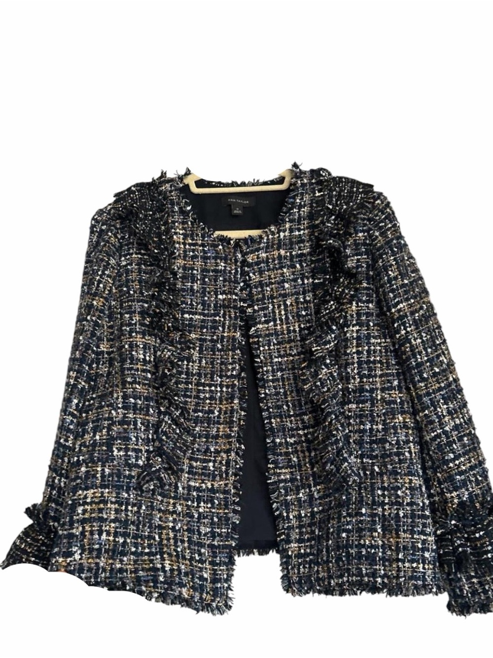Ann Taylor Navy and Cream Tweed Fringe Blazer Size 14